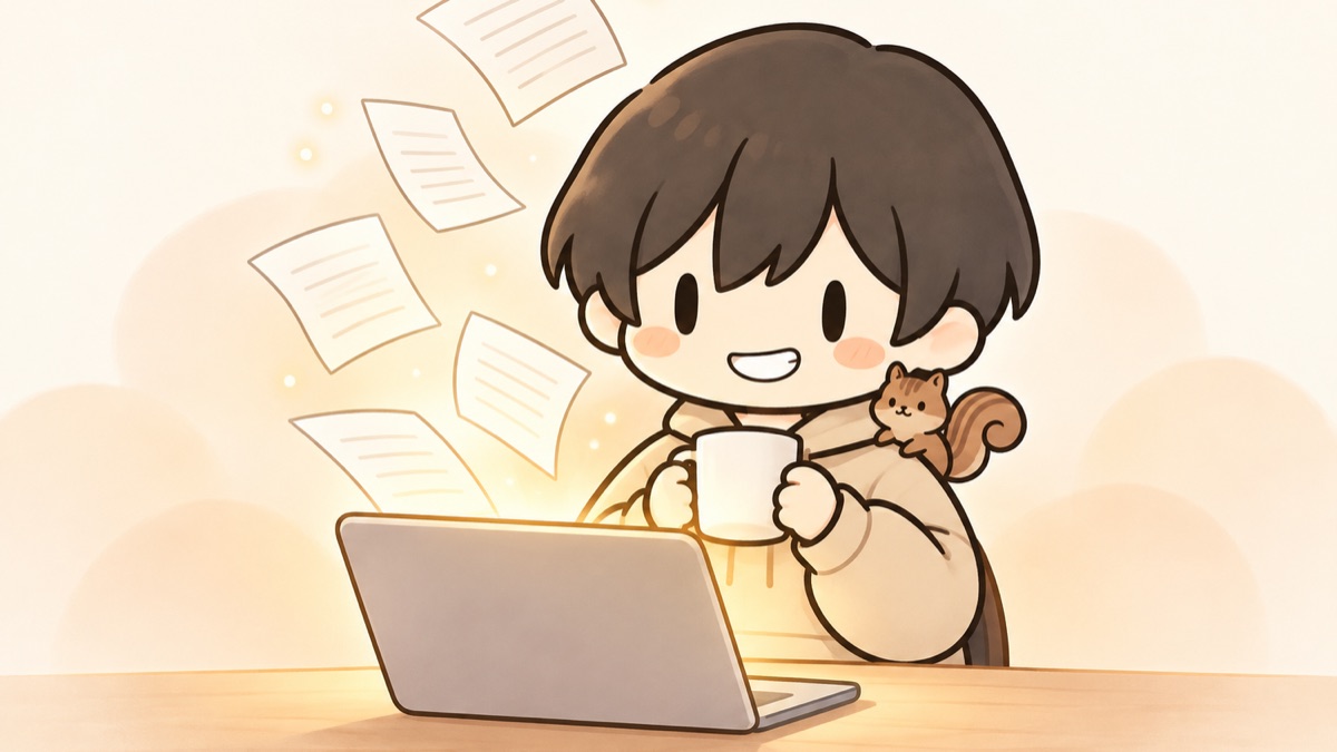 ノートPCの前でコーヒーを持つのりと、舞い上がる下書きの紙